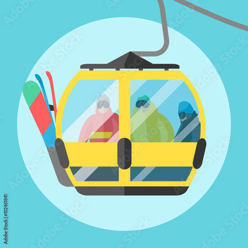 Snowboarder sitting in ski gondola and lift elevators. Winter sport resort background