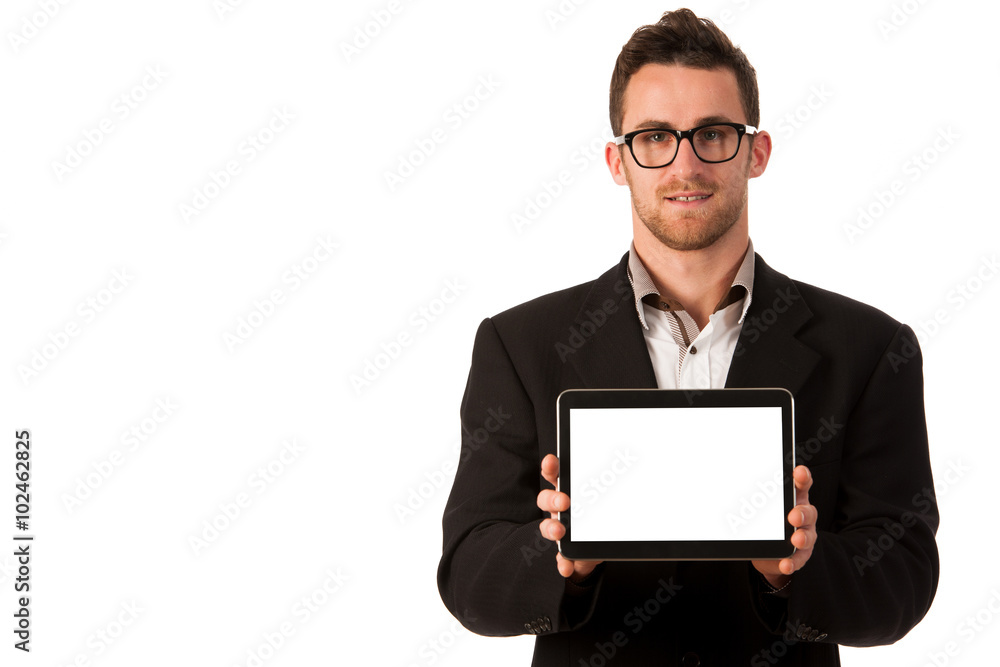Businessman holding tablet computer and showing blank monitor fo Businessman holding tablet computer and showing blank monitor fo