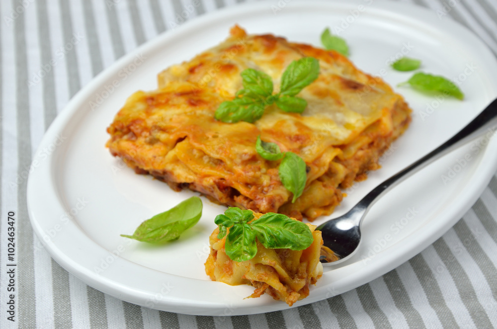 Lasagne on Plate With Fork