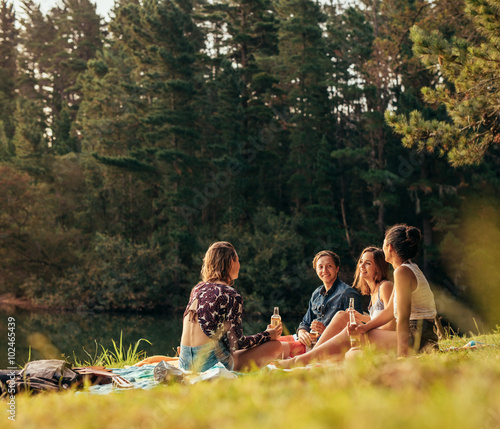 Tela Group of teenagers having a picnic on the lake