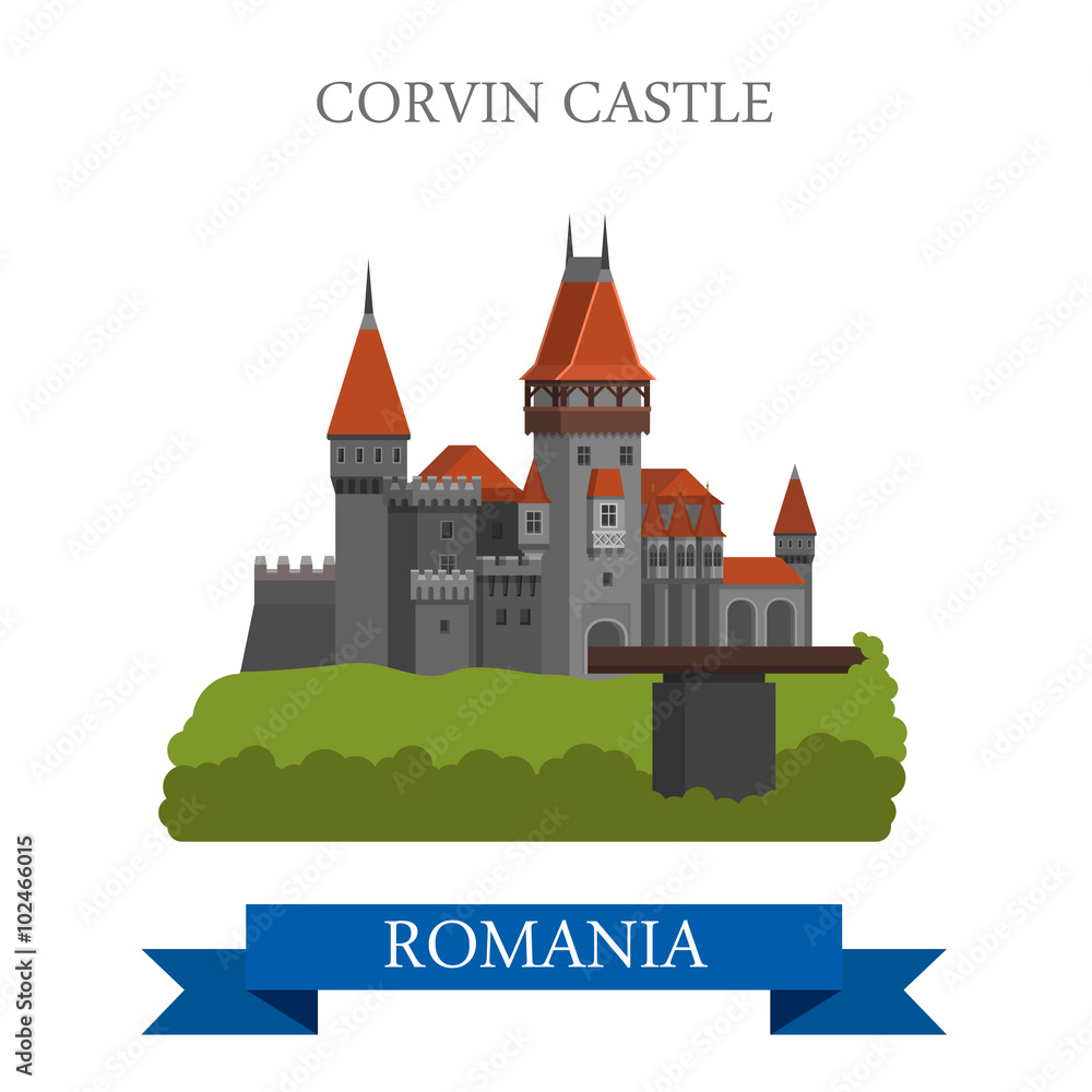 Corvin Castle Romania Europe flat vector attraction landmark