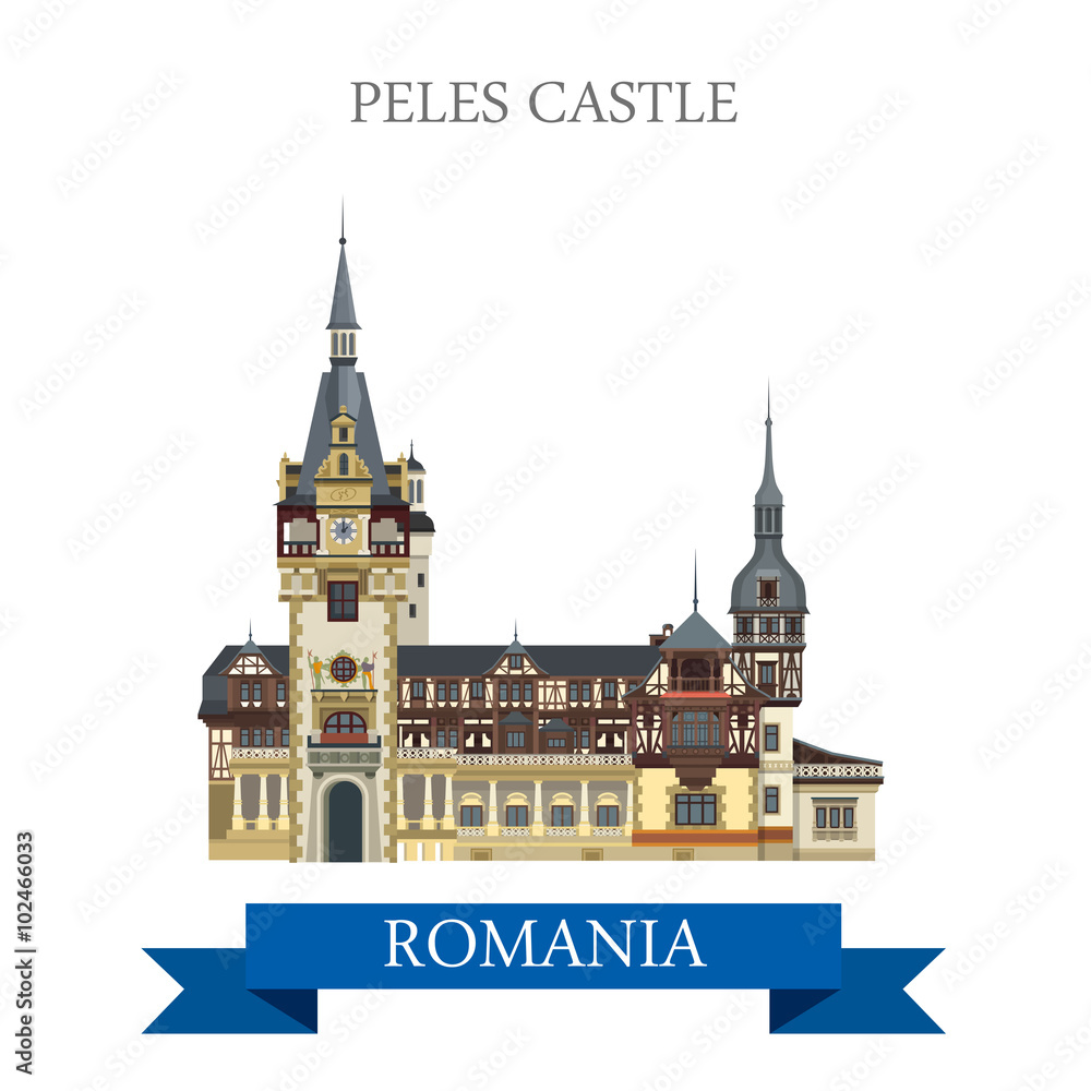 Peles Castle Romania Europe flat vector attraction landmark