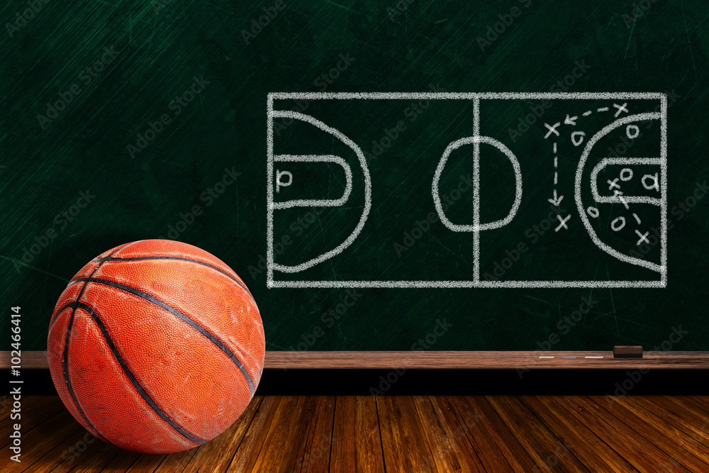 Fototapeta premium Game Concept With Rugged Basketball and Chalk Board Play Strategy, With Copy Space