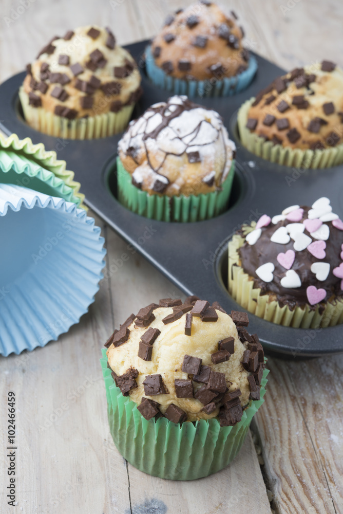 Just Baked Chocolate Muffins In Bakeware Just Baked Chocolate Muffins In Bakeware