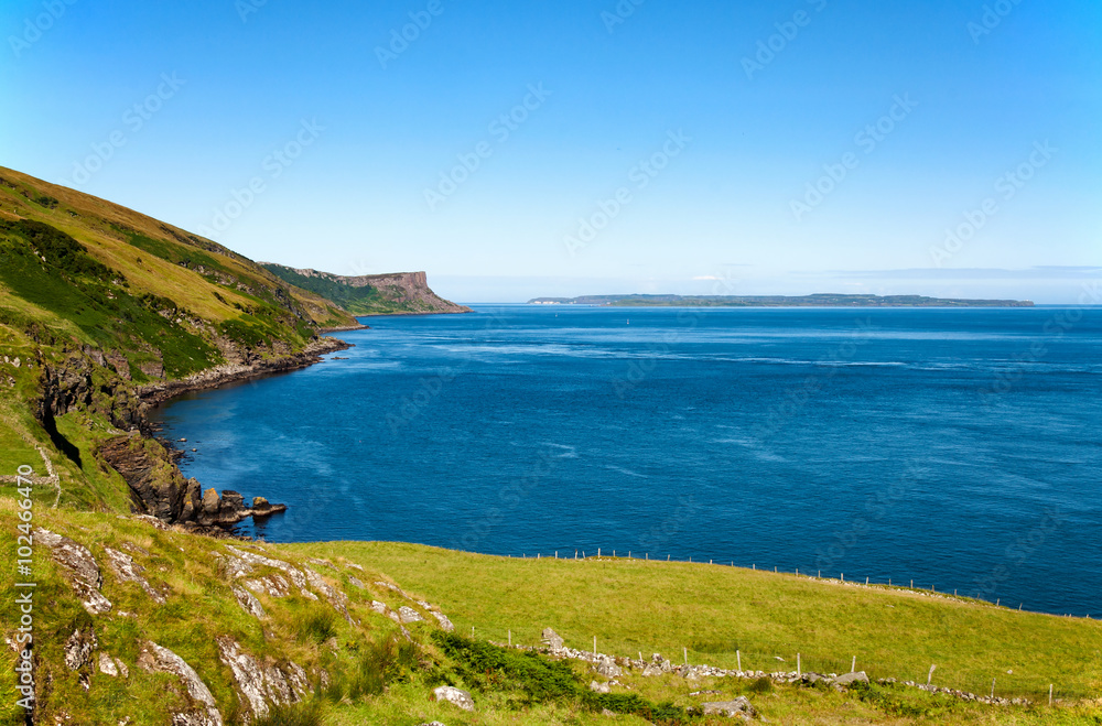 Cliffs on Northern Coast of Antrim County in Northern Ireland and Rathlin Island