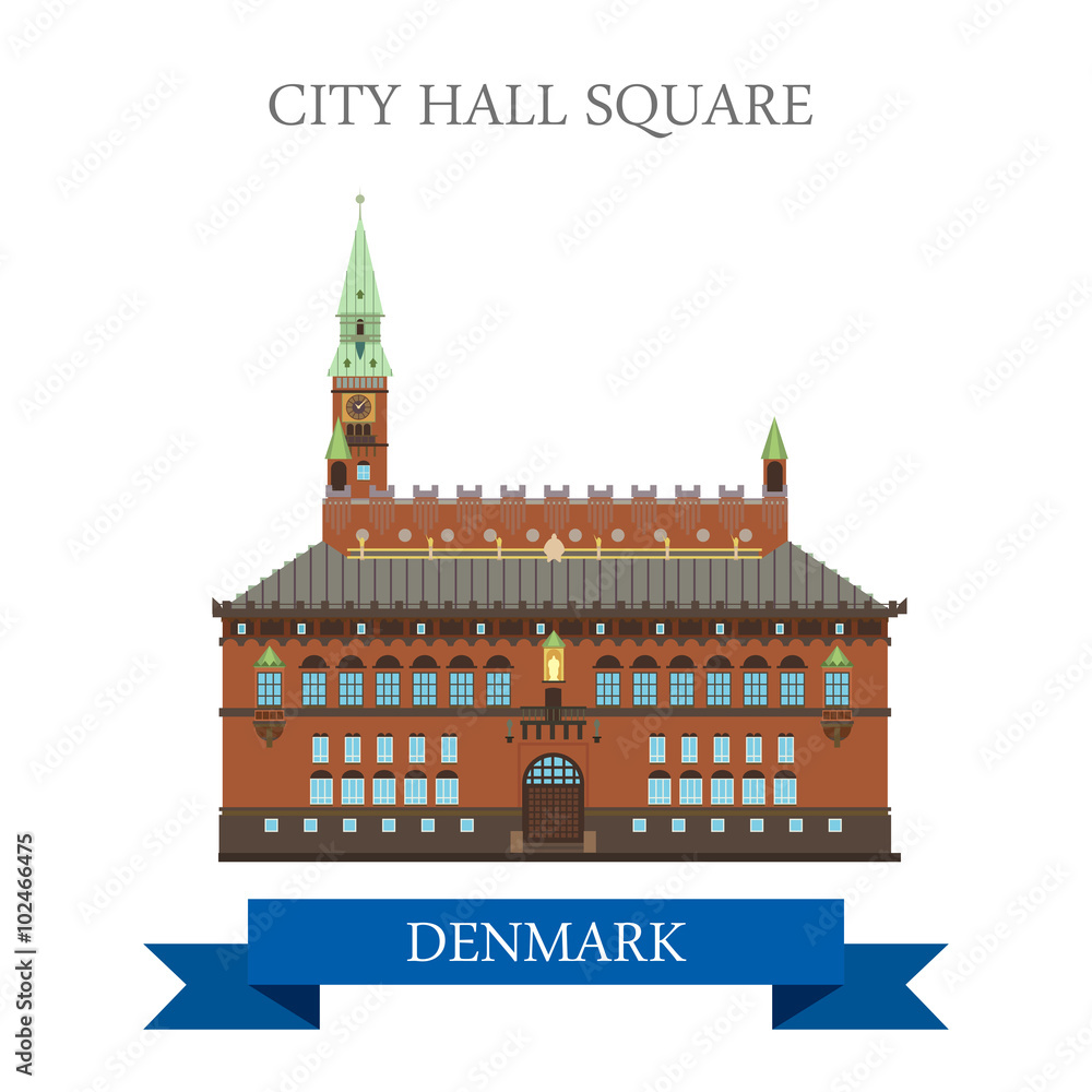 Fototapeta premium City Hall Square Copenhagen Denmark flat vector attraction sight