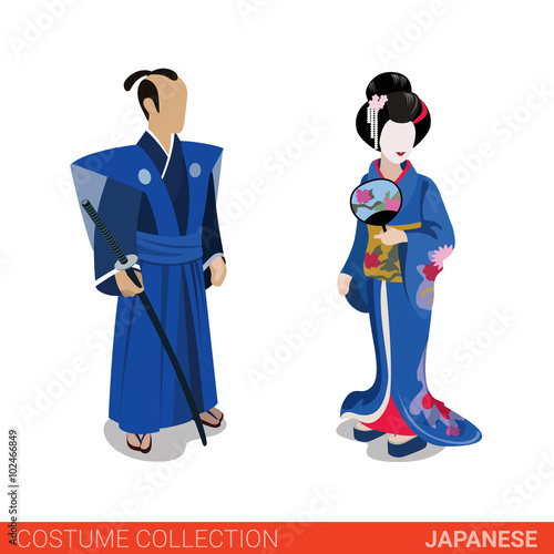 Japanese Samurai Geisha couple flat 3d isometric costume