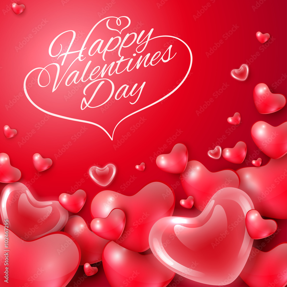 Happy Valentines Day greeting card template with hearts and inscription, festive background, vector illustration