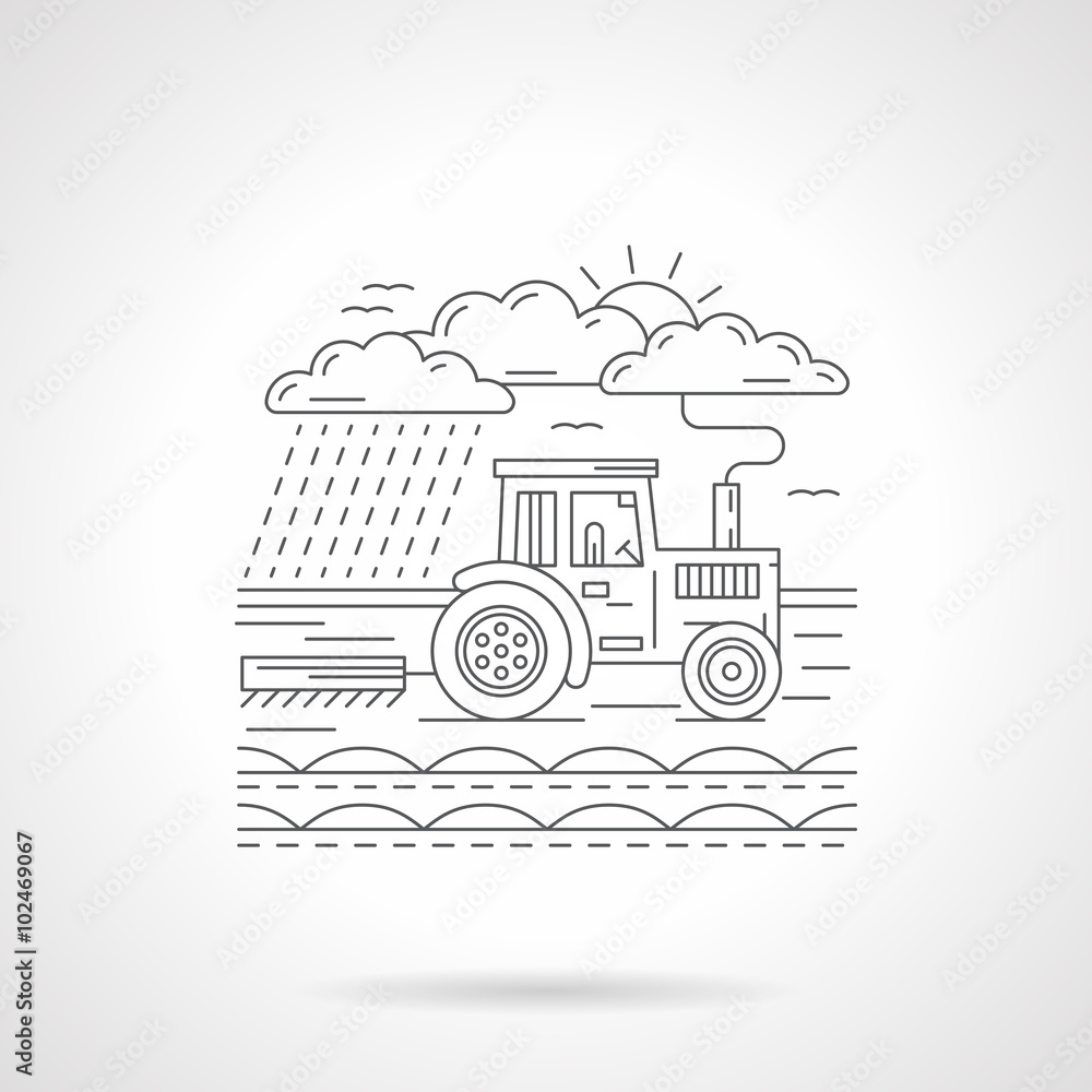 Tractor in a field flat line vector icon