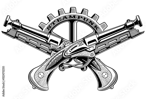 old crossed pistols Steampunk vector illustration isolated