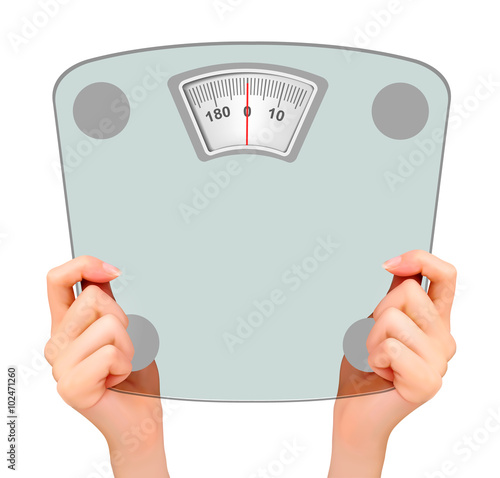 Two hands, holding up a scale. Concept of diet. Vector
