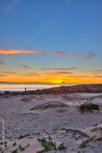 Portrait view of sunset on camera right behind beach jetty. © motionshooter