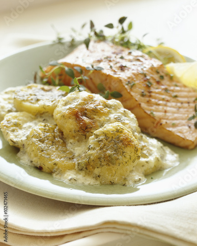 Scalloped potatoes with salmon dinner