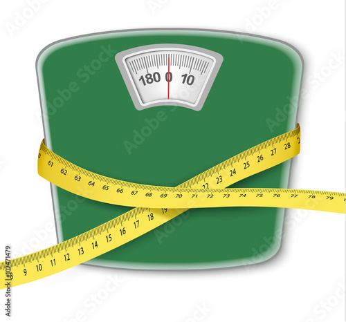 Weight scale with a measuring tape. Concept of diet. Vector.