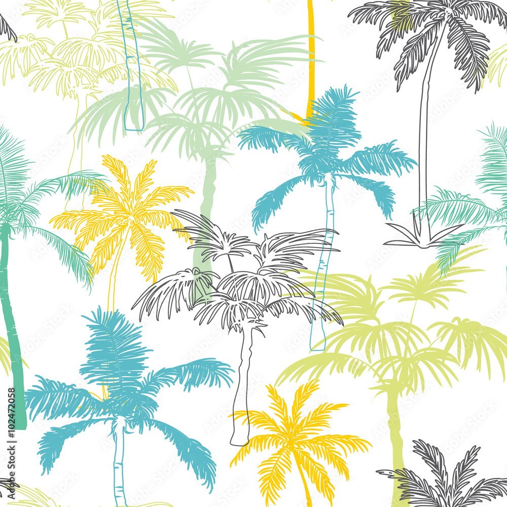 Vector Palm Trees California Grey Blue Yellow Seamless Pattern Surface Design With Exotic, Decorative, Hand Drawn Plants.