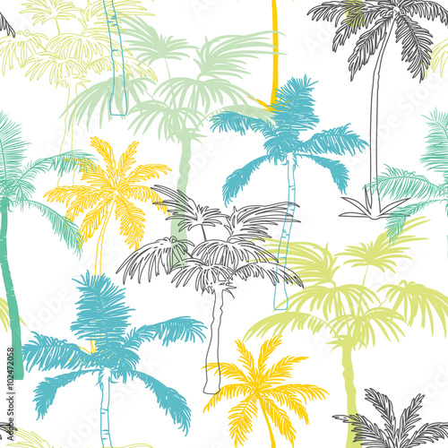 Vector Palm Trees California Grey Blue Yellow Seamless Pattern Surface Design With Exotic  Decorative  Hand Drawn Plants.