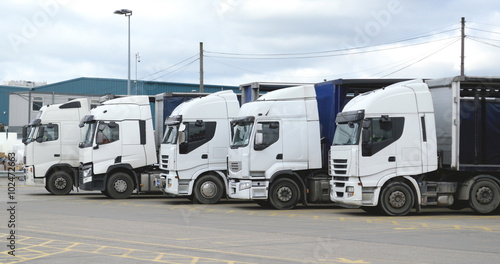 Group of white trucks in a row