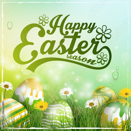 Beautiful Easter yellow green Background with flowers and colorful eggs in the grass