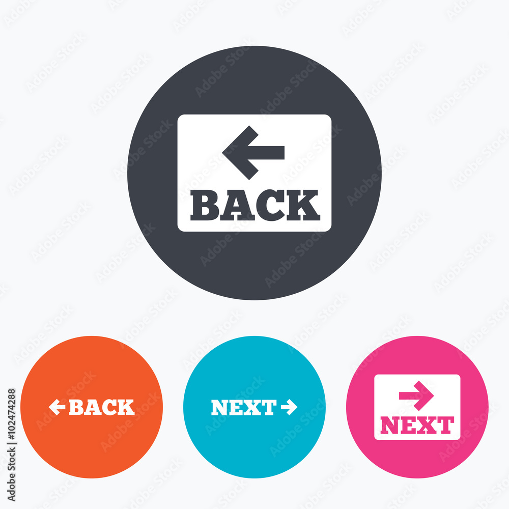 Back and next navigation signs. Arrow icons. Back and next navigation signs. Arrow icons.
