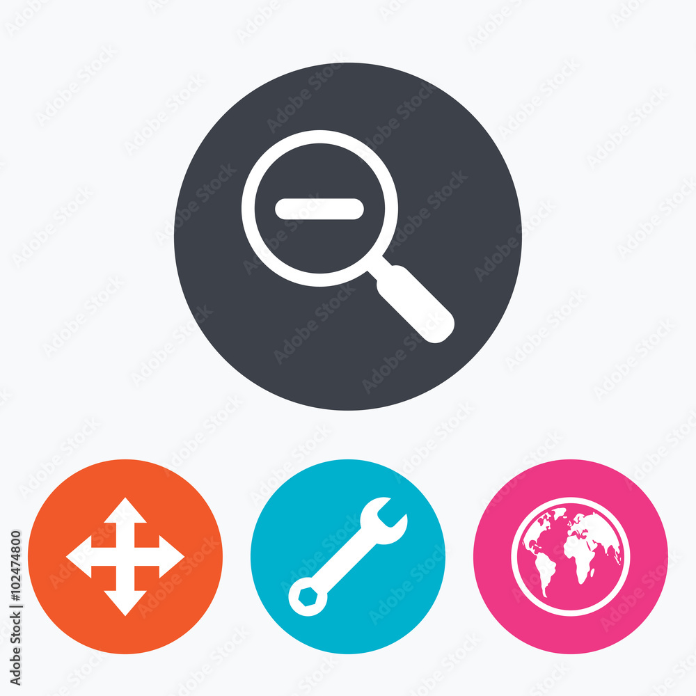 Magnifier glass and globe signs. Fullscreen. Magnifier glass and globe signs. Fullscreen.