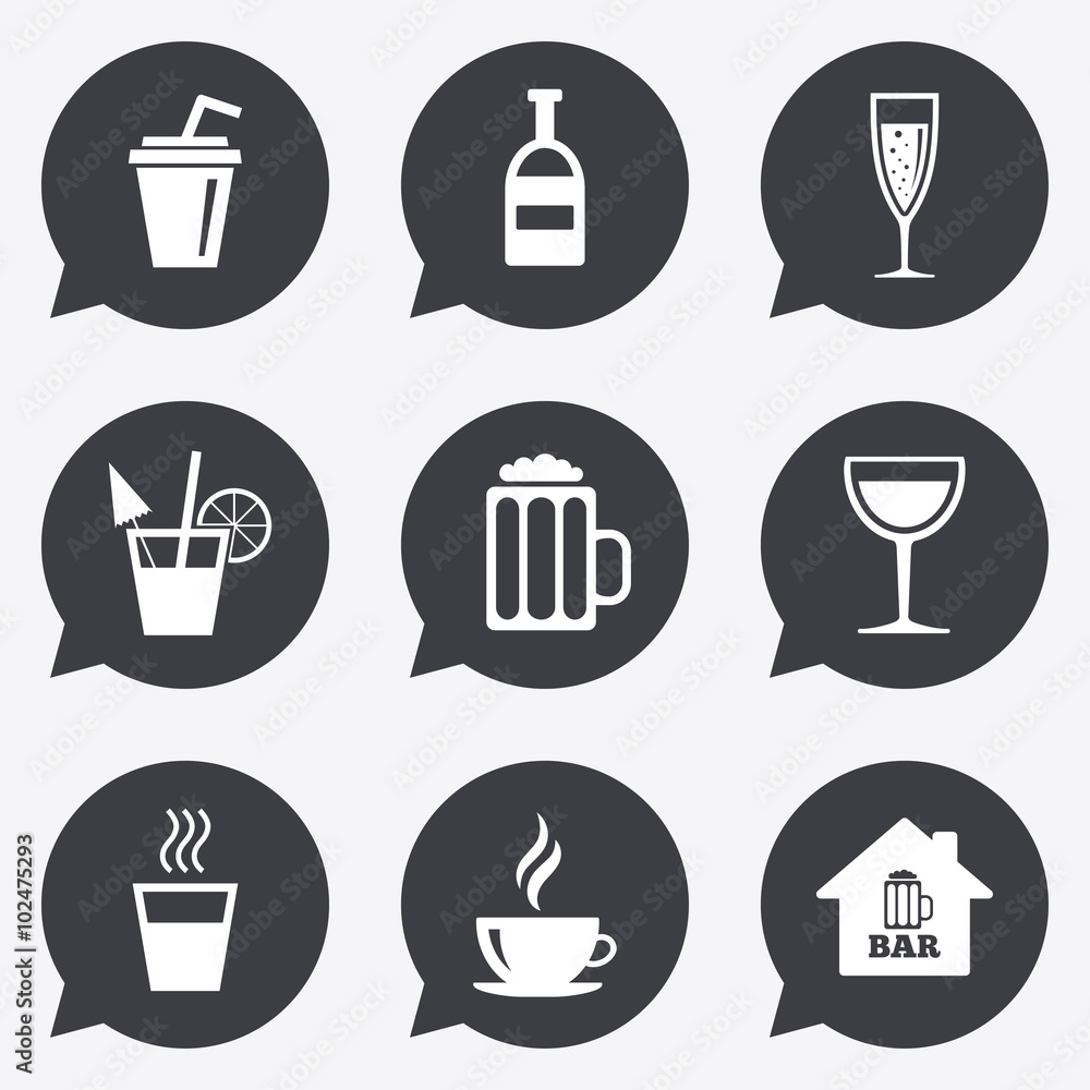 Coffee, tea icons. Alcohol drinks signs. Coffee, tea icons. Alcohol drinks signs.