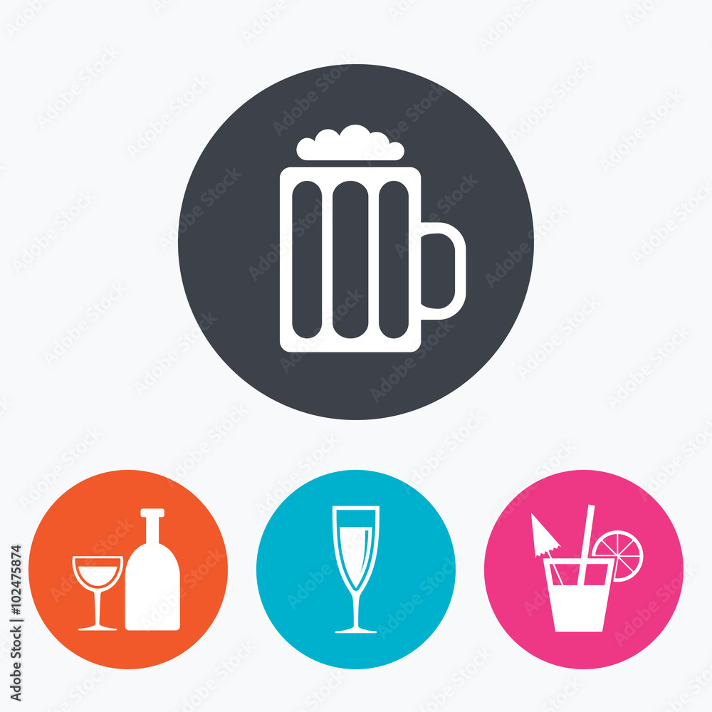 Alcoholic drinks signs. Champagne, beer icons. Alcoholic drinks signs. Champagne, beer icons.