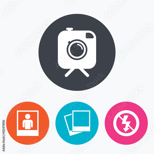 Photo camera icon. No flash light sign.
