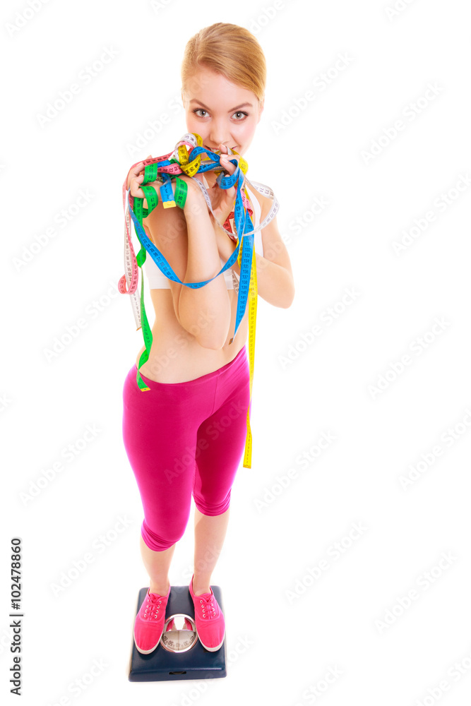 Happy woman on weighing scale. Diet weight loss. Happy woman on weighing scale. Diet weight loss.