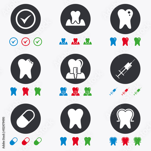 Tooth, dental care icons. Stomatology signs.