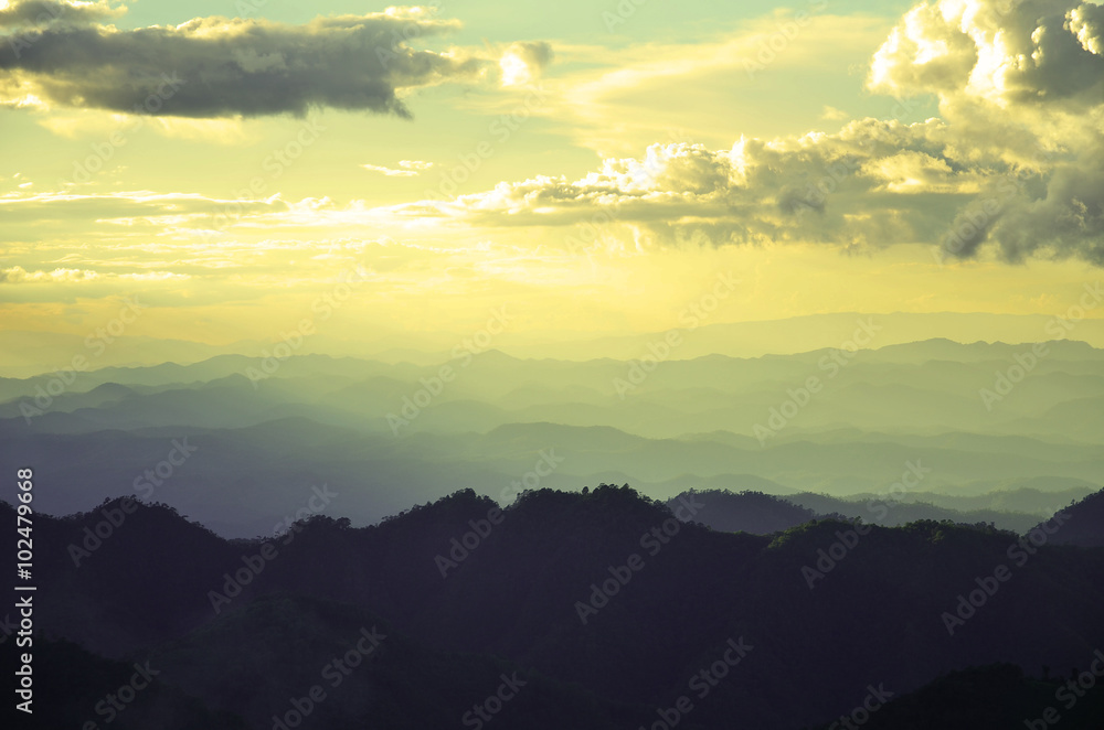 Fototapeta premium Layers of mountain and haze in the valleys is view beautiful