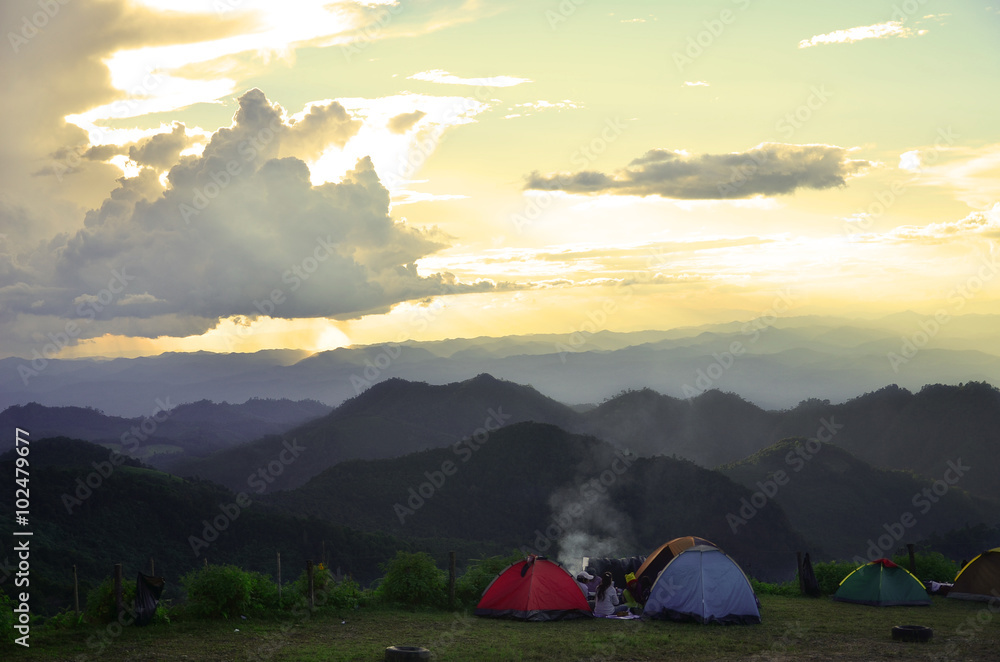 Evening camping in the mountains.