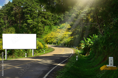 A blank advertising billboard immersed in a road side and nature