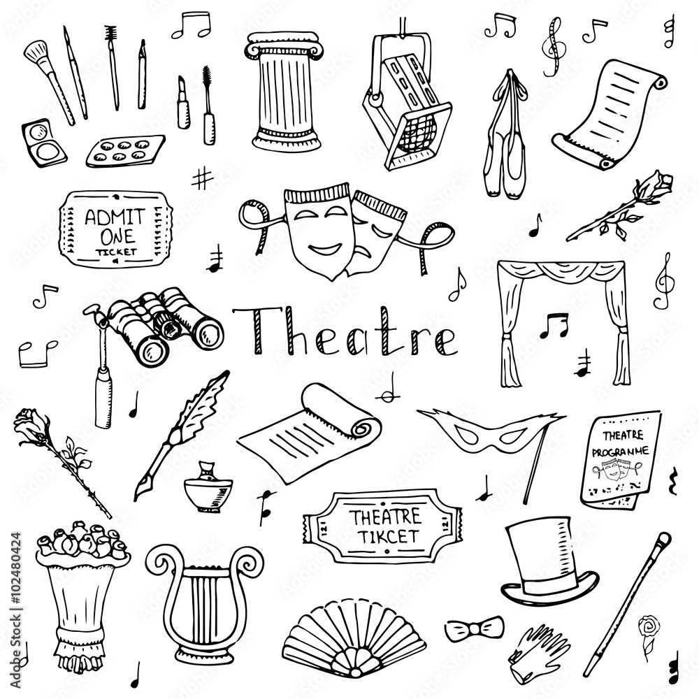 Hand drawn doodle Theatre set Vector illustration Sketchy theater icons  Theatre acting performance elements Ticket Masks Lyra Flowers Curtain stage Musical notes Pointe shoes Make-up artist tools - obrazy, fototapety, plakaty 