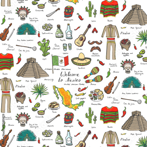 Seamless background hand drawn doodle Mexico set Vector illustration Sketchy mexican food icons United Mexican States elements Flag Maracas Sombrero Welcome to Mexico Maya Pyramid Aztec Tequila Agave
