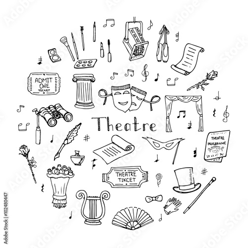 Hand drawn doodle Theatre set Vector illustration Sketchy theater icons  Theatre acting performance elements Ticket Masks Lyra Flowers Curtain stage Musical notes Pointe shoes Make-up artist tools