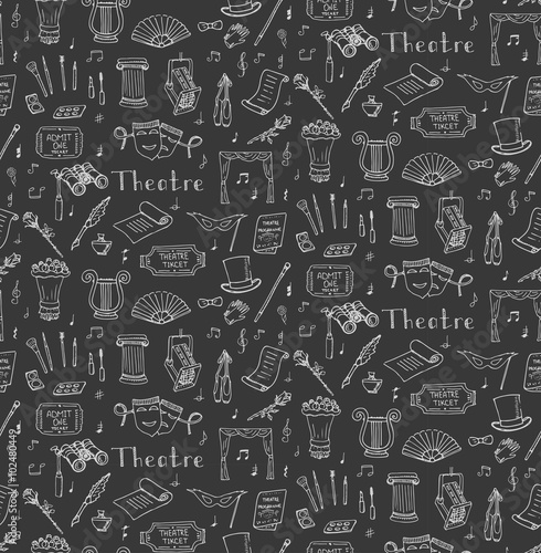Seamless background hand drawn doodle Theatre set Vector illustration Sketchy theater icons Acting performance elements Ticket Masks Lyra Flowers Curtain stage Musical notes Pointe shoes Make-up tools