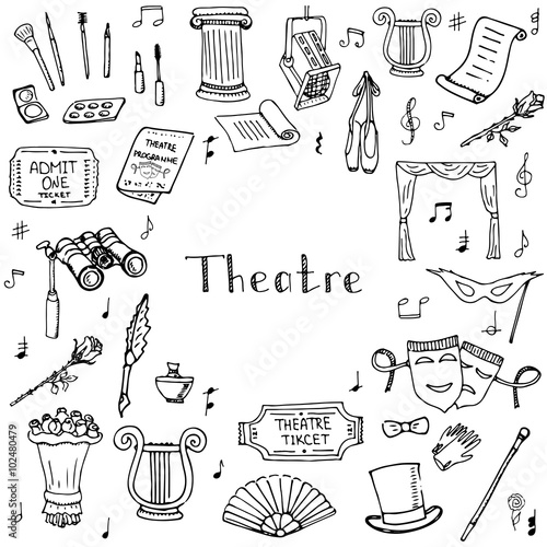 Hand drawn doodle Theatre set Vector illustration Sketchy theater icons  Theatre acting performance elements Ticket Masks Lyra Flowers Curtain stage Musical notes Pointe shoes Make-up artist tools