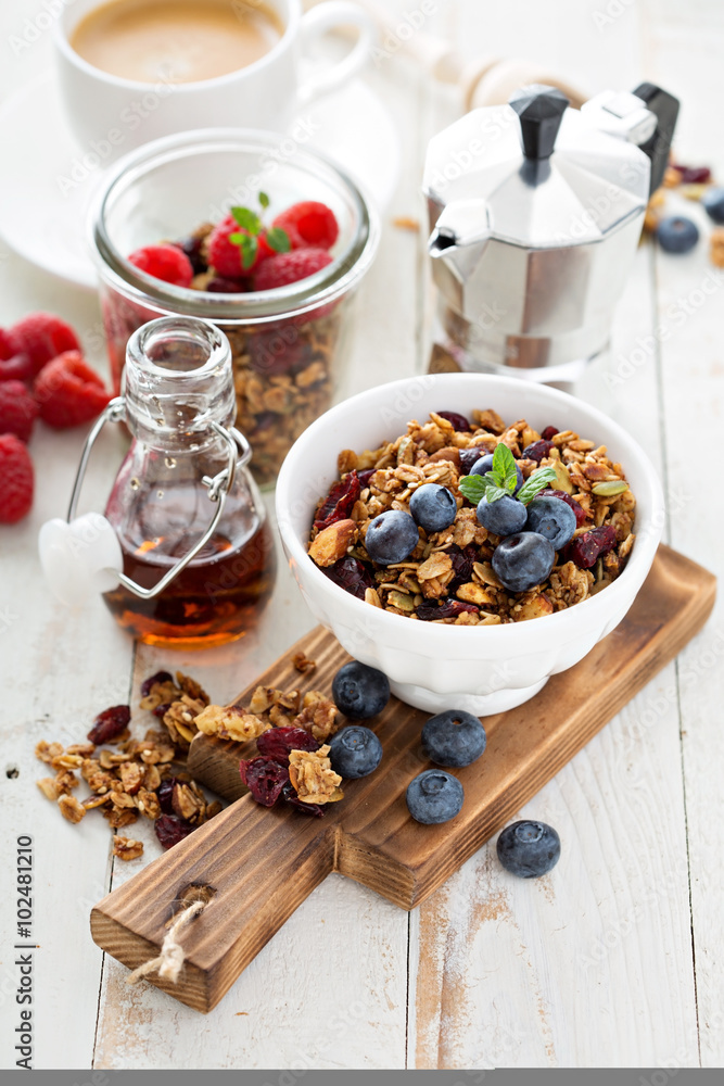 Homemade granola with berries for breakfast Homemade granola with berries for breakfast