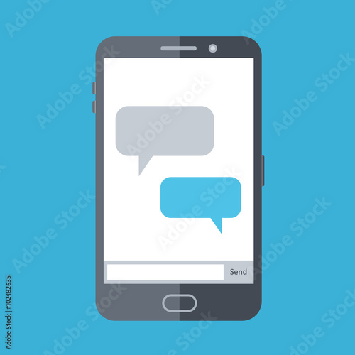 Flat design vector illustration of mobile chat. Display with empty message boxes,
speech bubbles. SMS chat.