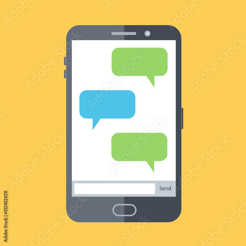 Flat design vector illustration of mobile chat. Display with empty message boxes,
speech bubbles. SMS chat.