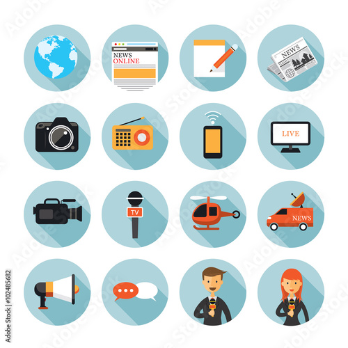 News and Journalism Flat Icons Set, Reporter, Press, Mass Media, Global Communication, Broadcasting
