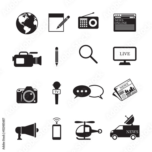 News and Journalism Mono Icons Set, Press, Mass Media, Global Communication, Broadcasting