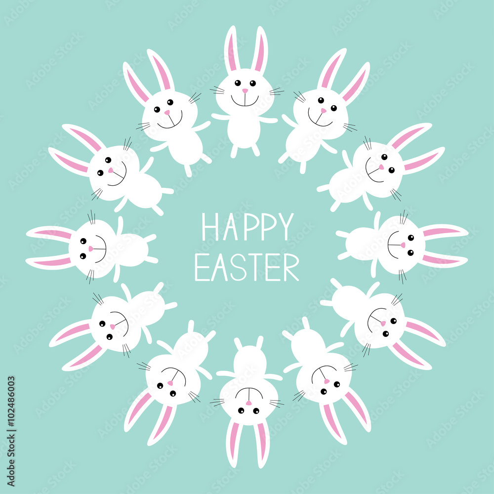 Cute bunny rabbit. Happy Easter. Round frame. Flat design. Cute bunny rabbit. Happy Easter. Round frame. Flat design.