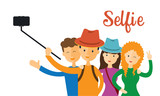 Group of Friend, Selfie, Men Women use Selfie Stick with Smartphone Camera 