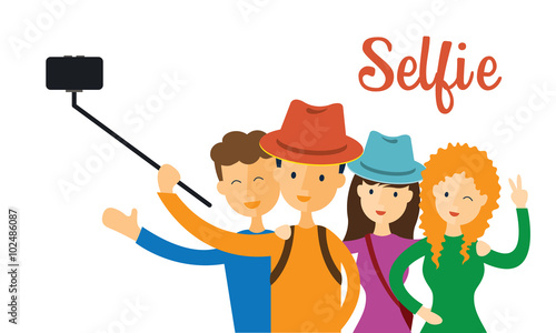 Group of Friend, Selfie, Men Women use Selfie Stick with Smartphone Camera 