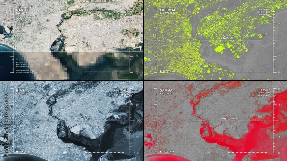 Fourpanel aerial surveillance drone/UAV flyover of Karachi, with data