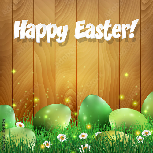 Green Easter eggs with a wooden background. Vector illustration.