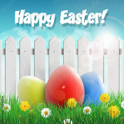 Easter card with Easter eggs and flowers, white wooden fence. Vector illustration.