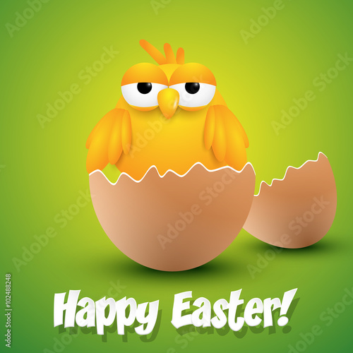 Small chick hatching from an egg, ester greeting card. Vector illustration.