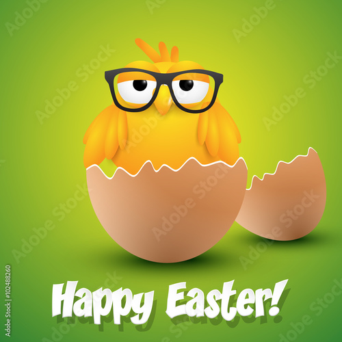 Small chick with hipster glasses hatching from an egg, ester greeting card. Vector illustration.